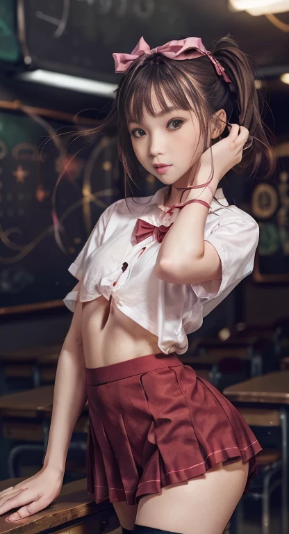 masterpiece, high res, 4k, (perfect anatomy:1.5), perfect long legs, perfect arms, cute face, rose cheeks, school girl, school uniform with bows and ribbons, mini pleated skirt stockings, pigtails, long blonde hair with bows and ribbons, tiny body, sexy body, ((sexy pose:1.4))