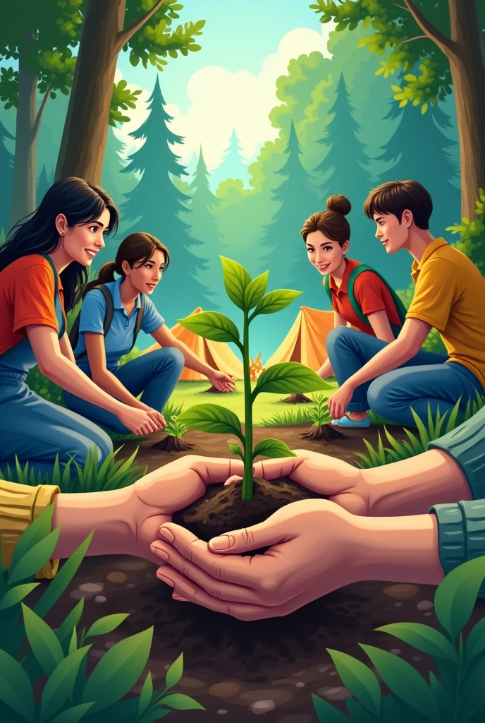 create a design that contains a combination of the activities of many college students planting trees on the ground to protect the forest and group camping activities with the design focus in the middle of two hands holding tree seedlings