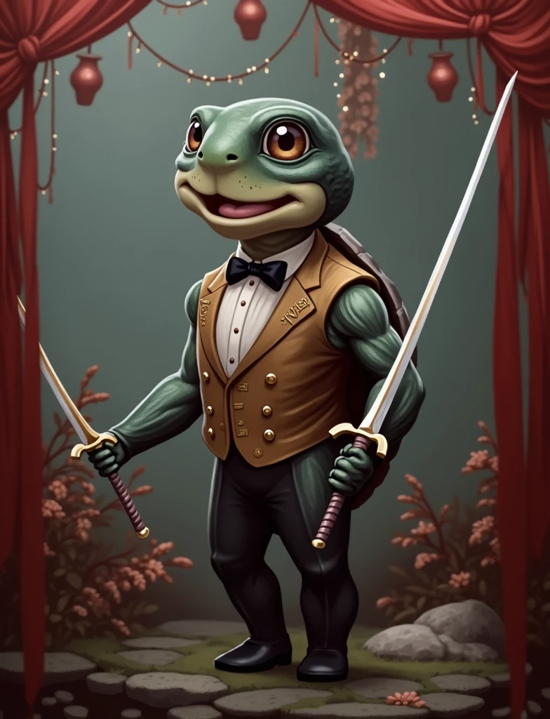 An anime turtle in a gala suit with two swords happy with brown eyes , height of 1.70