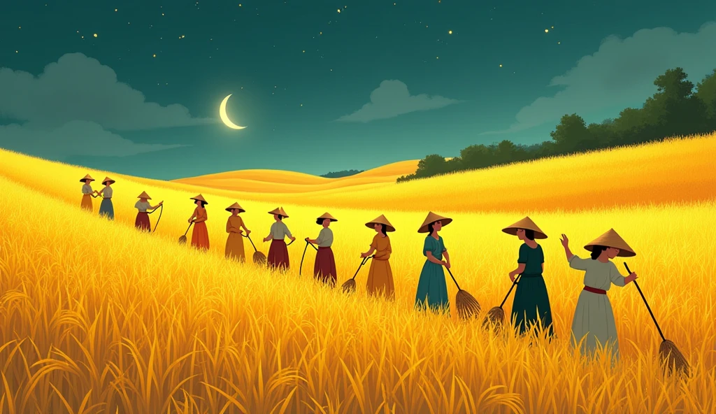 golden rice fields, a group of people are harvesting rice in the style of minimalist cartooning, cartoonish character design, hieratic visionary, figura serpentinata, bioluminescence, bill watterson