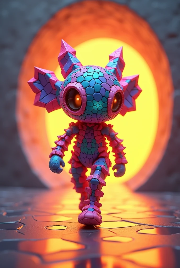 Numerous geometric, colorful blocks form the shape of a creature.,Walking in a circular hall,Light effects,Premium color matching,Tyndall effect,Near big far small