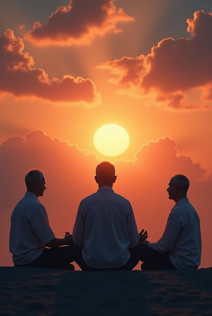Mature Men, Sit in a meditation position, In front of the beautiful skyline, With the sunset, In Relationship with God, Portrait Photography, director: by Drew Tucker, director: Adam Marcinski, director: Alexander Kucharsky, director: by Gavin Nolan, 8k surrealism, director: by Jason Felix, Yuri Shuedov and Tom Bagshaw, Illustration art, Estilo Eric Johansson、50s、Book