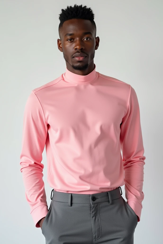 best qualityer:1.4), (ultra high resolution:1.2), (photorrealistic:1.4), (8k, CRU photo:1.2), 1 20 year old young man, black skin color, with a smooth, beardless face, with short hair, with shaved sides and a little volume on top, similar to the fade or taper haircut style, pink long sleeve high neck shirt, grey social pants, is sitting on a white sofa. the camera is focusing on your face. He has a seductive face for the camera. You are in a photography studio with a white background