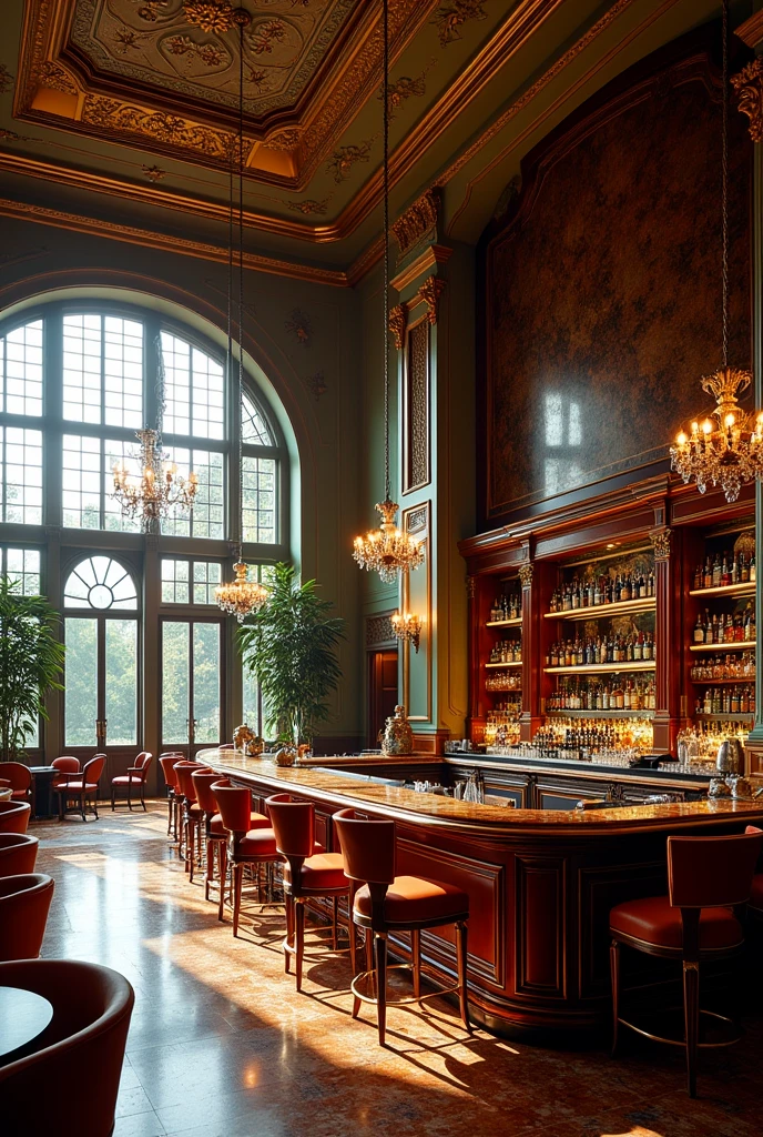 Make me a very large, luxurious and extravagant bar in the style of the 1990s. Give me details so I know we are in that era. It is in a mansion. Give me the windows.