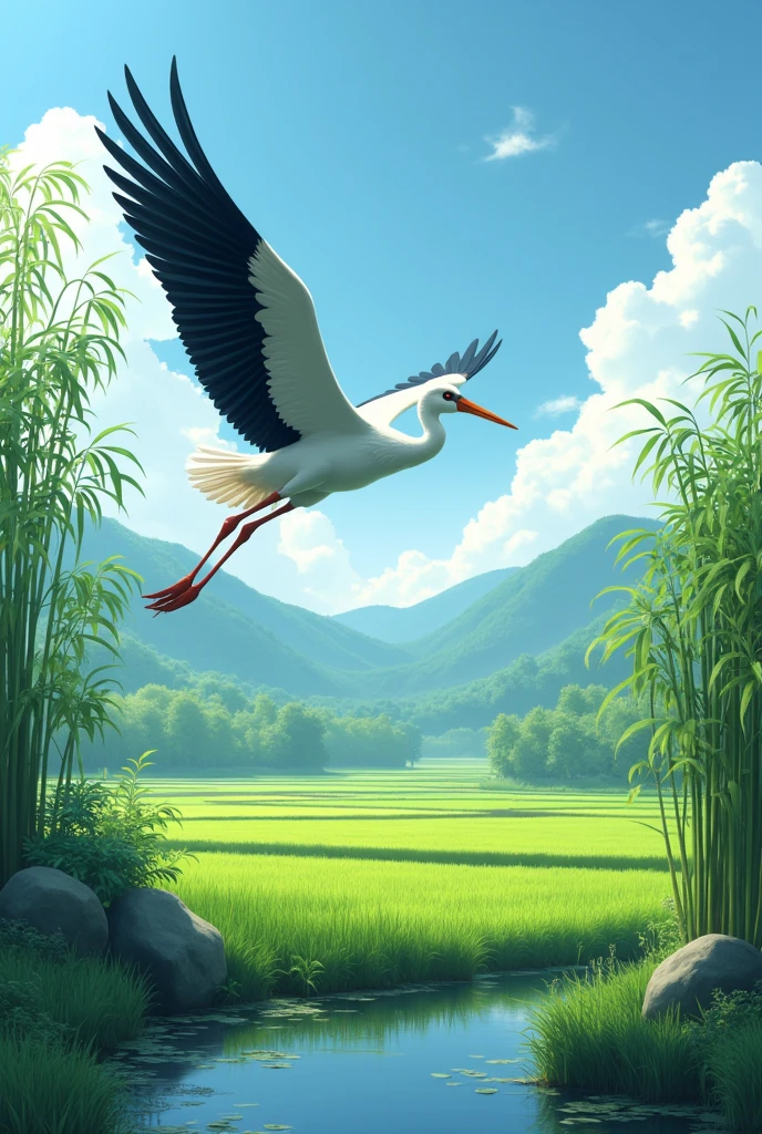 White stork at rice fields