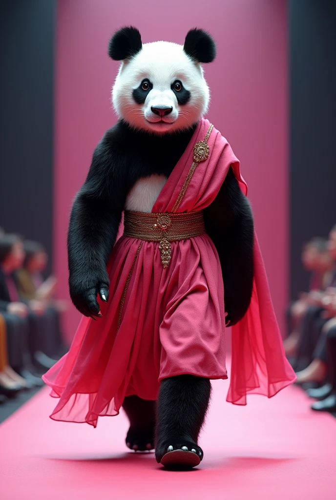 A beautiful panda wearing pink and red cloth walking down the runaway at a fashion show,