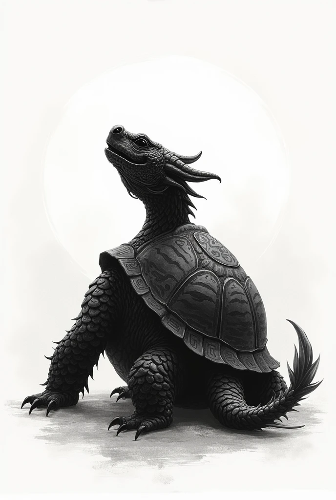 Chinese style black  dragon Tortoise Ink non realistic  drawing 2D facing backwards  showing its elegant dragonic shell while its head look upwards with ancient chinise style drawing
