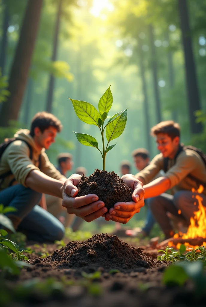 create a design that contains a combination of the activities of many college students planting trees on the ground to protect the forest and group camping activities with the design focus in the middle of hands holding tree seedlings
