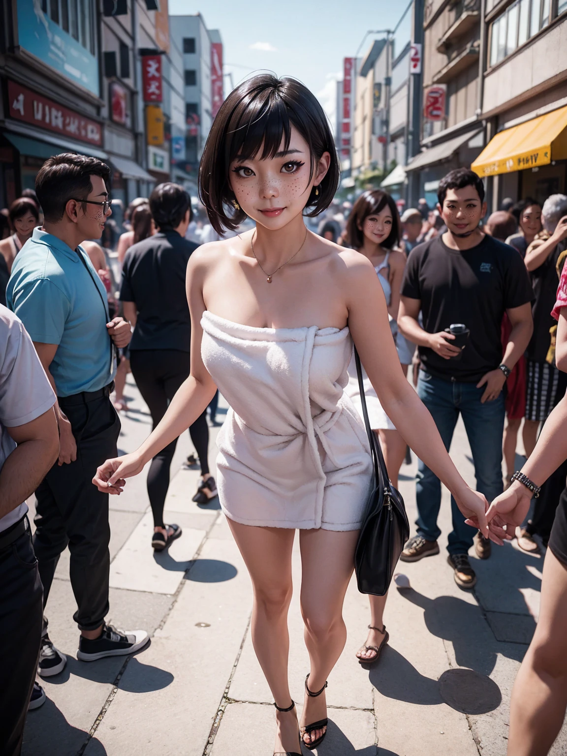 A stunning intricate full color portrait of a 32 years old Japanese woman, crowded street, spectators, having fun, epic character composition,by ilya kuvshinov, alessio albi, nina masic,sharp focus, natural lighting, subsurface scattering, f2, 35mm, film grain, full body in the picture, naked towel
