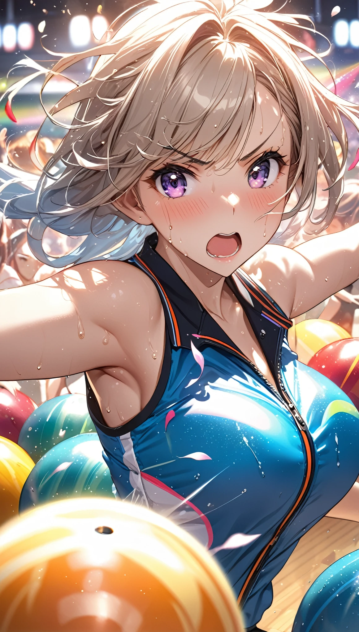 (Sports magazine cover photo), Highest quality, Great quality, 16K, Unbelievably absurd, Very detailed, delicate and dynamic, Natural light, The particles reflect light, Diffuse reflection of light, Many rainbow-colored petals fall, Beautiful hall, Sparkling Sun, Diffuse reflection of light, Create amazing image effects, , Wet, sweating, Bowling, Spare, Strike pins, Throwing Ball, Close-up(Cute sexy girl, big bouncing busts, Sensual expression, Cool girl, Serious, passion, Dynamic, Flashy bowling wear, ,audience , much-air-laden cheer)