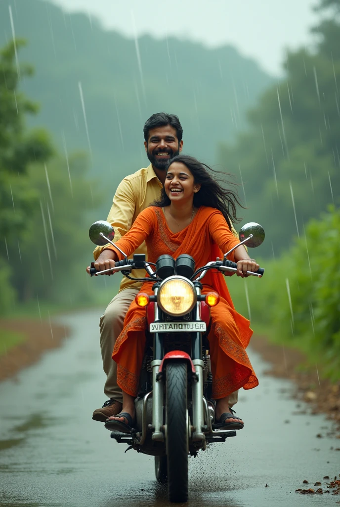 Create a image of Indian teenage girl wearing a churidar kameez sitting behind her Father in the motorbike during the rain . She keeps her arm open and laugh so much
