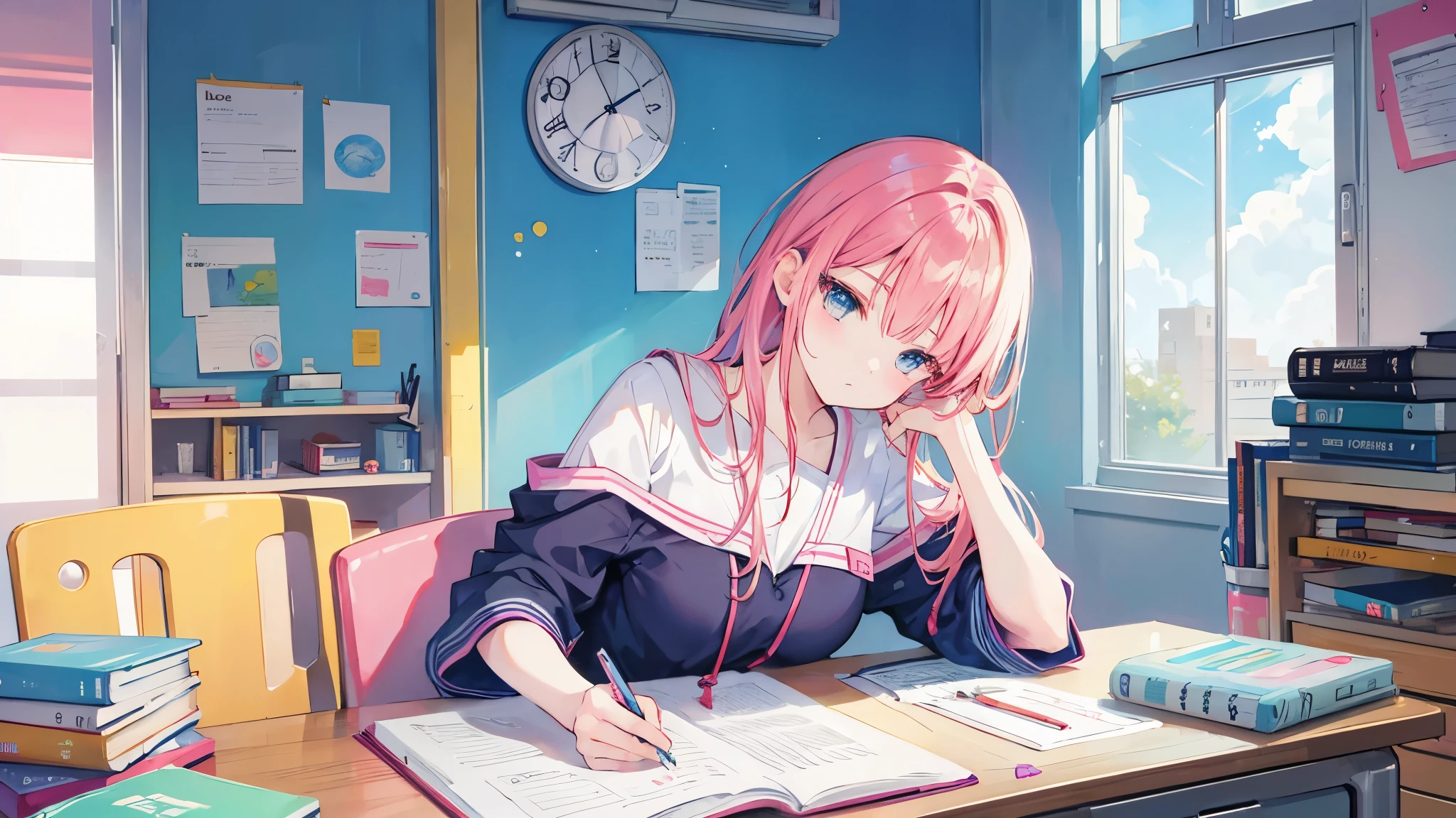 Bright and colorful anime-style illustrations、Please draw a girl who is napping while studying。The girl is sitting at the desk、With my arms resting on the scattered notebooks and textbooks、I'm resting my head and sleeping。The whole room is comfortable、The desk lamp softly lights up the room.、This time, we used more colorful and vivid lights.、Give the whole scene a bright and pop look。The girl is wearing casual and relaxed clothing.、Please create an illustration with a calm expression and a tranquil atmosphere.。