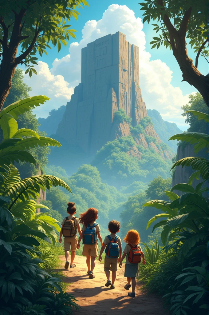 "5 young people, three girls and one boy, in the jungle on their way to a mountain shaped like a giant Bible."