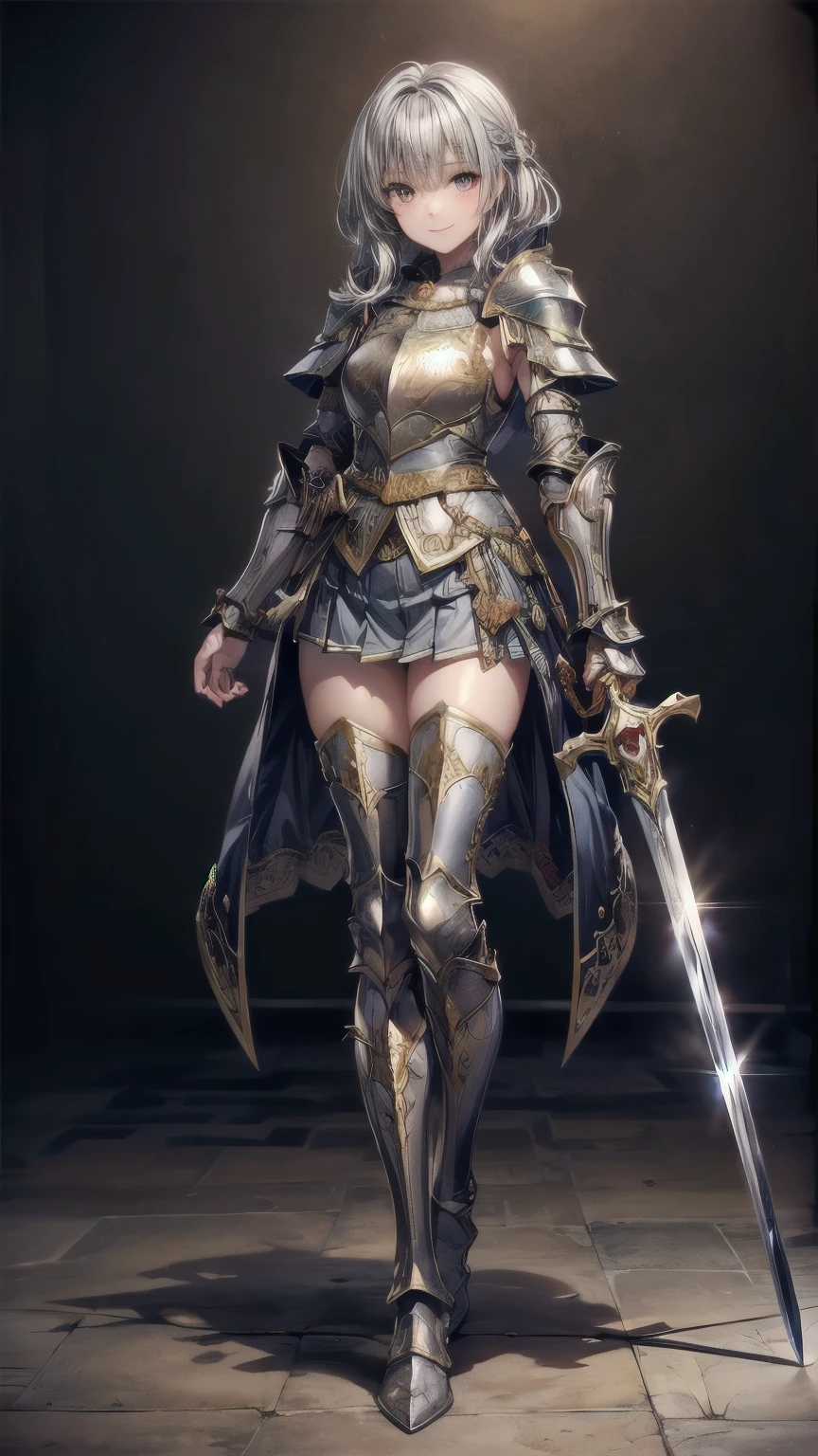 1girl，((Beautiful blue medium hair，Golden Eyes))，((A luxurious metal armor that covers the upper body，pleated micro mini skirt，Thigh-length silver metal boots，Silver metal gauntlets，A very large red cloak:1.55))，8K quality，Extremely sophisticated digital art，((With his legs spread apart, he holds a large sword in both hands.:1.7))，Perfect beautiful girl，A strong smile，(Full body up to the toes:1.21)，Extremely detailed hair and face，Artistic pastel art