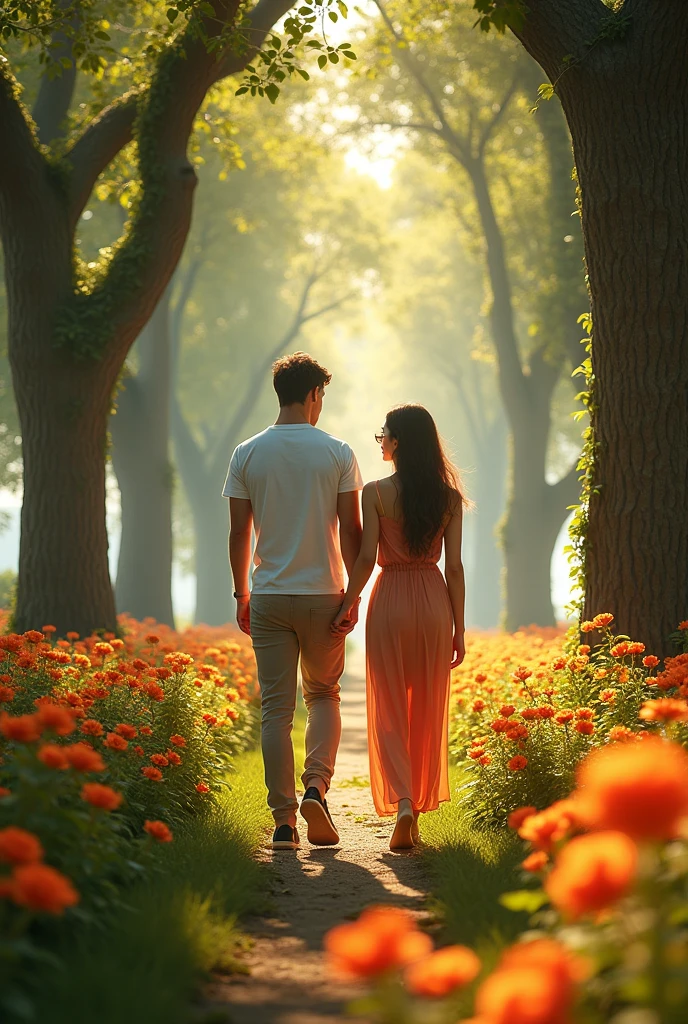 a man and a beautiful woman walking through a lush flower garden, facing the camera, detailed facial features, casual dress, sunny day, photorealistic, cinematic lighting, intricate foliage, towering trees, dynamic poses, dramatic shadows, vibrant colors, breathtaking scenery, (best quality,4k,8k,highres,masterpiece:1.2),ultra-detailed,(realistic,photorealistic,photo-realistic:1.37),cinematic,dramatic lighting