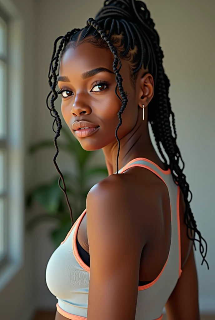photo realistic, looks like a real person, lady, light skin, african, 20 year old, hot, athletic clothing, smart, fun, Boipelo