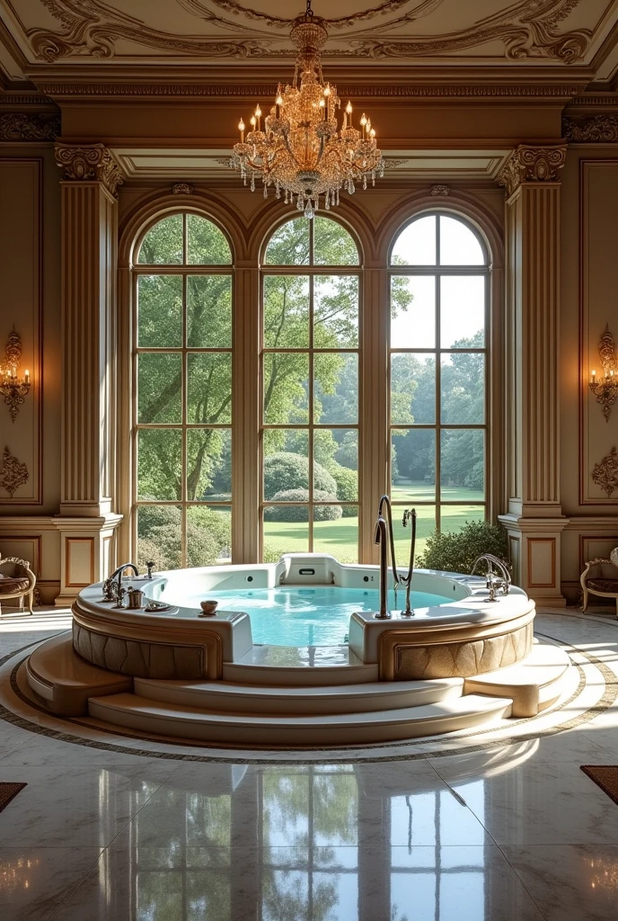 Make me a very large luxurious and extravagant jacuzzi in the style of the 1990s. Give me details so I know that we are in that era. It is in a mansion. Give me the windows.