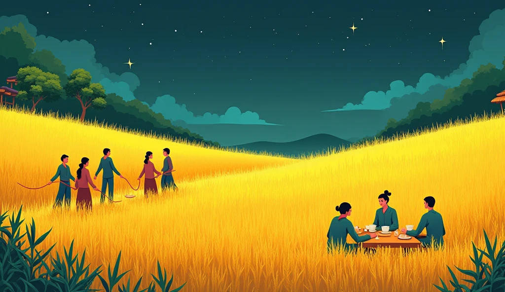 golden rice fields, a group of people harvesting rice, a group of people sitting resting and drinking tea in the style of minimalist cartooning, cartoonish character design, hieratic visionary, figura serpentinata, bioluminescence, bill watterson