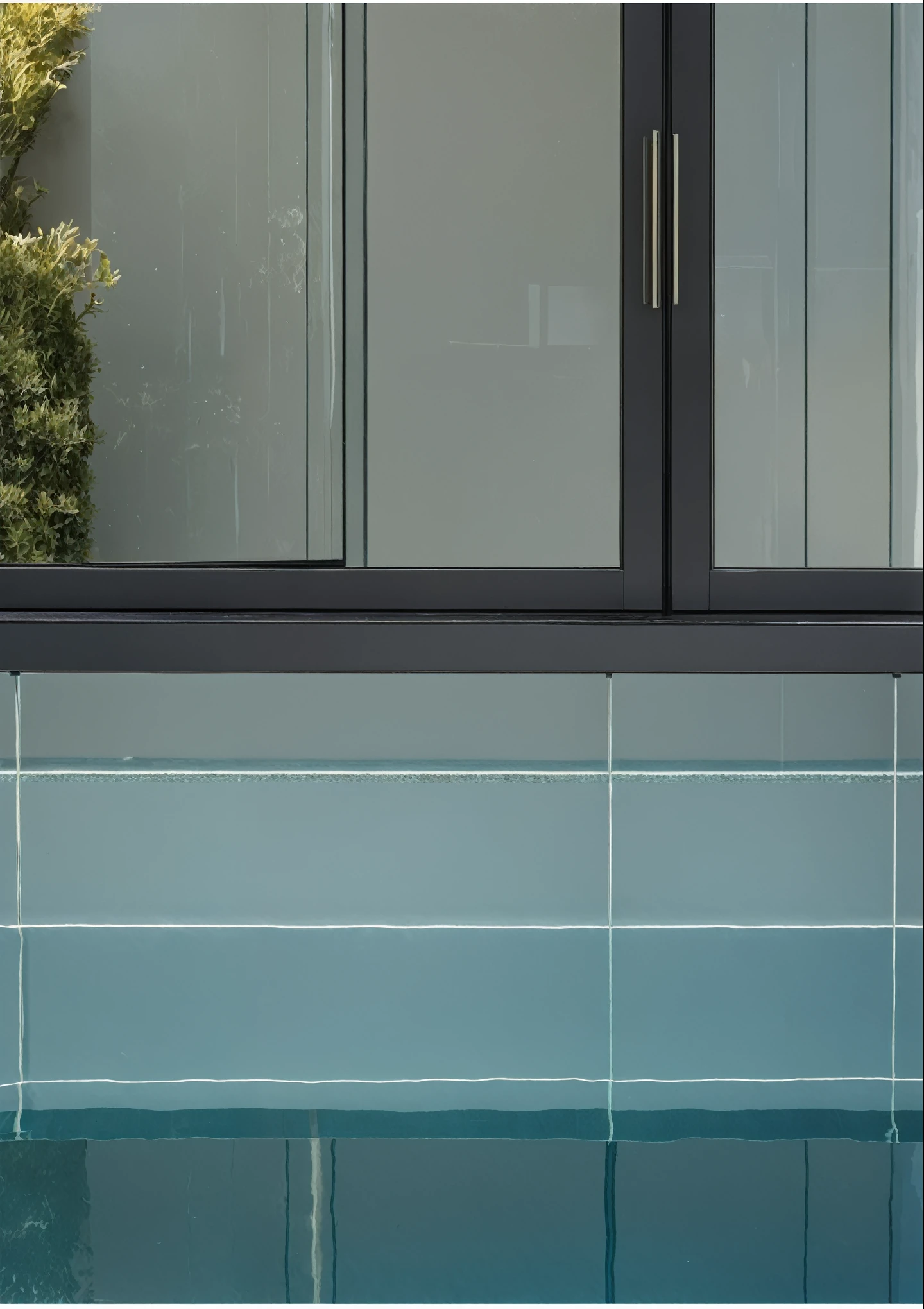 (((Masterpiece, highest quality, high definition, high detail)))), water surface, glass doors, interior view, interior light shines outside, swimming pool,(daylight: 1.1)