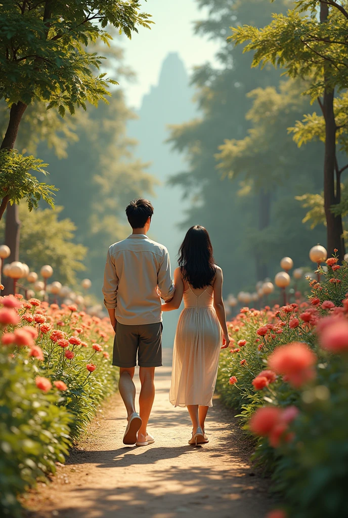 a man and a beautiful Asian woman walking through a lush flower garden, detailed facial features, casual dress, sunny day, photorealistic, cinematic lighting, intricate foliage, towering trees, dynamic poses, dramatic shadows, vibrant colors, breathtaking scenery, (best quality,4k,8k,highres,masterpiece:1.2),ultra-detailed,(realistic,photorealistic,photo-realistic:1.37),cinematic,dramatic lighting