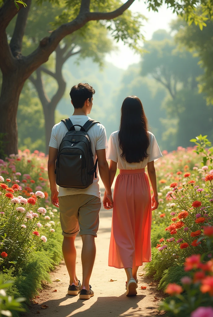 a man and a beautiful Asian woman walking through a lush flower garden, detailed facial features, casual dress, sunny day, photorealistic, cinematic lighting, intricate foliage, towering trees, dynamic poses, dramatic shadows, vibrant colors, breathtaking scenery, (best quality,4k,8k,highres,masterpiece:1.2),ultra-detailed,(realistic,photorealistic,photo-realistic:1.37),cinematic,dramatic lighting