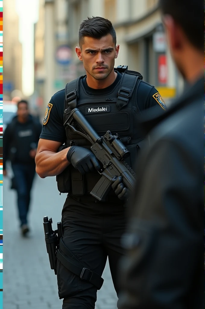 a man who is a young-looking Spanish special forces agent without a beard, a hairstyle(taper fade and with a gun in his hand stopping a robber