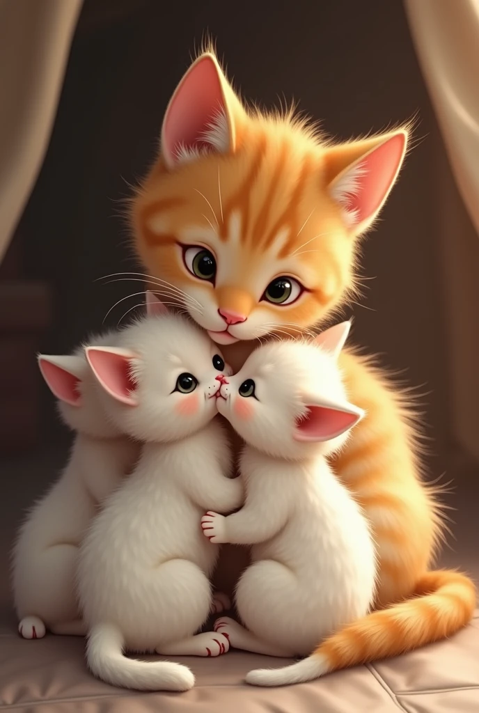 the kittens ( White cat) hungry mother cat ( The yellow cat is with them)