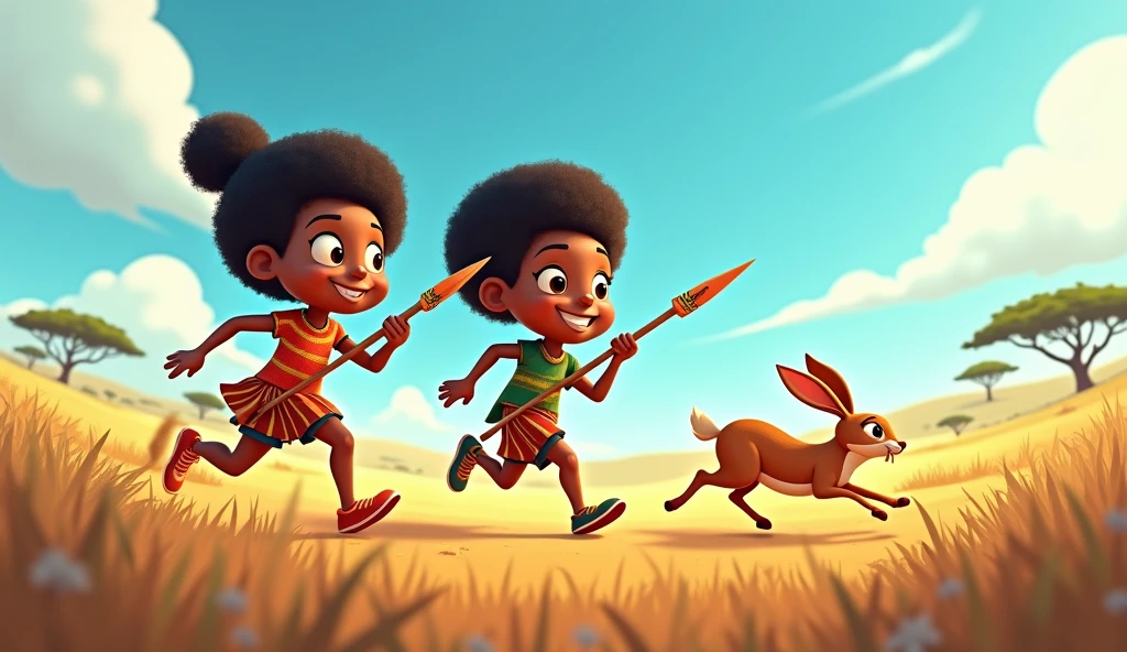 Generate me an image of two 3d cartoon african american characters hunting a hare with spears in an African savannah
