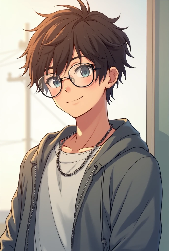 je veux un ado de qui souris et qui fait un petit viril un peu muscler avec avec les cheveux court qui a les cheveux brun et des lunettes de vue transparente ronde avec un pull gris et une chaine dans le style manga ( c'est pour une photo de profil )
