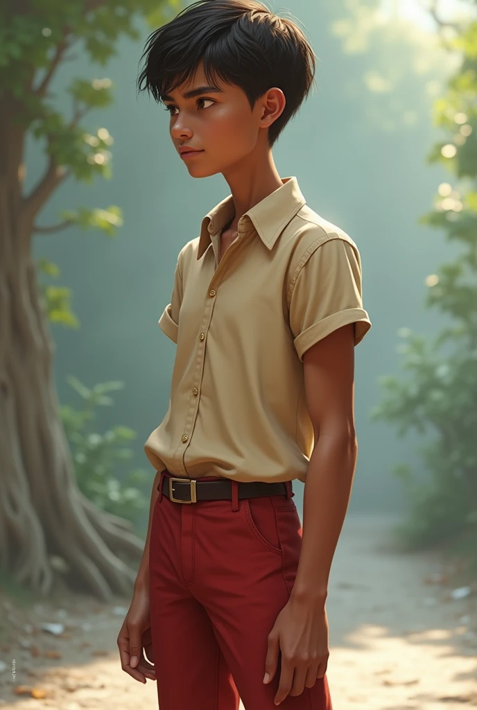   brown the size of a pole and a little dark with short and ugly hair with a strong right arm wears a light brown blouse red pants and dress shoes (realisitic)