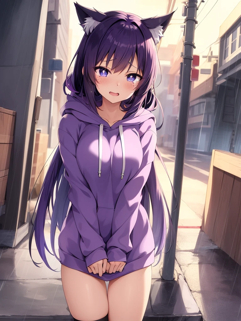 Anime girl with cat ears and hoodie in the rain, anime style 4 k, anime vibes, anime wallpaper 4 k, anime art wallpaper 4k, anime wallpaper 4k, anime art wallpaper 4k, nightcore, cyberpunk anime girl in hoodie, Anime style. 8K, 4k anime wallpaper, Beautiful Anime Portrait, beautiful anime art style, Purple pupils, Purple only at the tips of the hair, tears