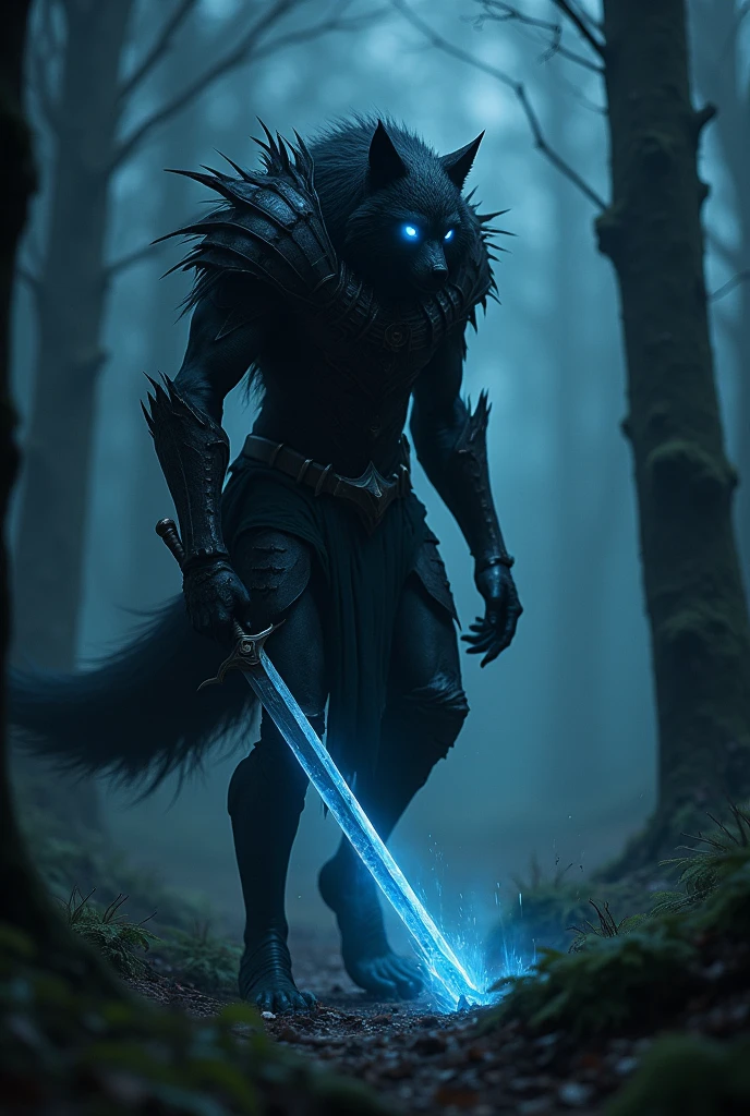 very strong、Wolf Samurai、(A black aura erupts)、Impenetrable、Warrior、The body is slender、Pitch black armor、Dark Messenger、((Walking through a very dark forest at night))、(Very realistic)、Ultra HD、16K、He bends down and prepares to draw his sword.、((Tattered Metal Armor))、A very long and thin sword that shines mysteriously、Blue glowing eyes