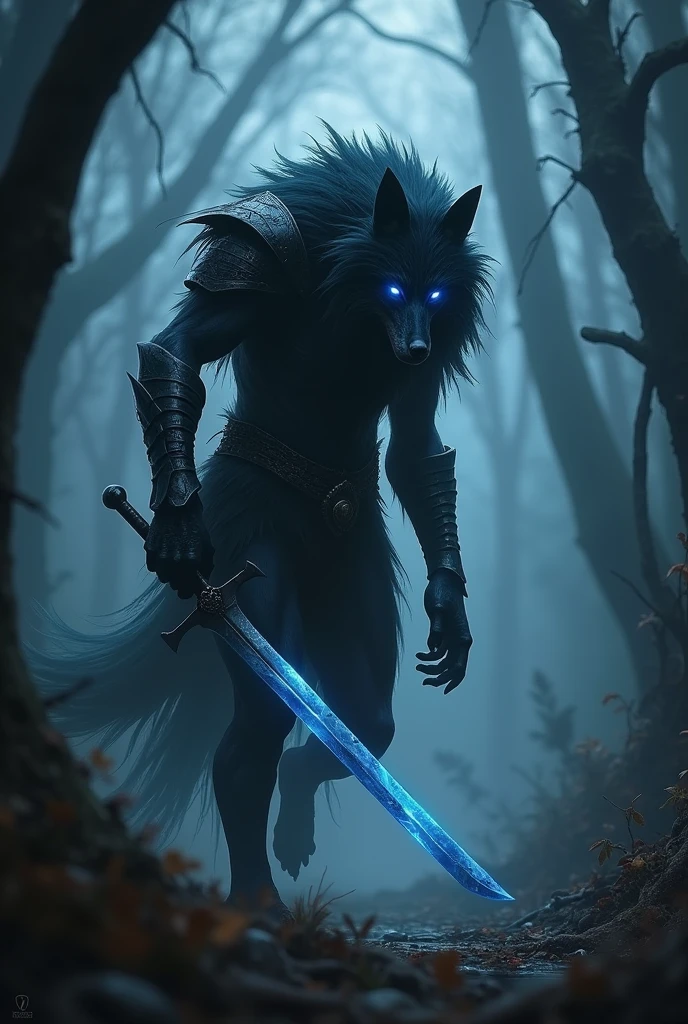 very strong、Wolf Samurai、(A black aura erupts)、Impenetrable、Warrior、The body is slender、Pitch black armor、Dark Messenger、((Walking through a very dark forest at night))、(Very realistic)、Ultra HD、16K、He bends down and prepares to draw his sword.、((Tattered Metal Armor))、A very long and thin sword that shines mysteriously、Blue glowing eyes