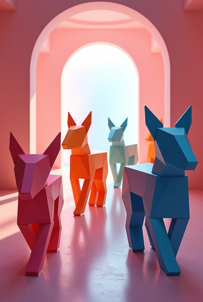 A large number of geometric colored blocks form simple animals,Abstract modeling,Walking in a circular hall,Light effects,Premium color matching,Tyndall effect,Near big far small