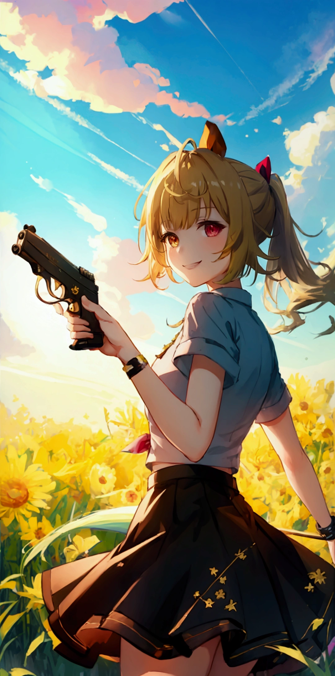 unbeatablemasterpiece,smile,tail wind,handgun,short skirt,ponytail,grassland,