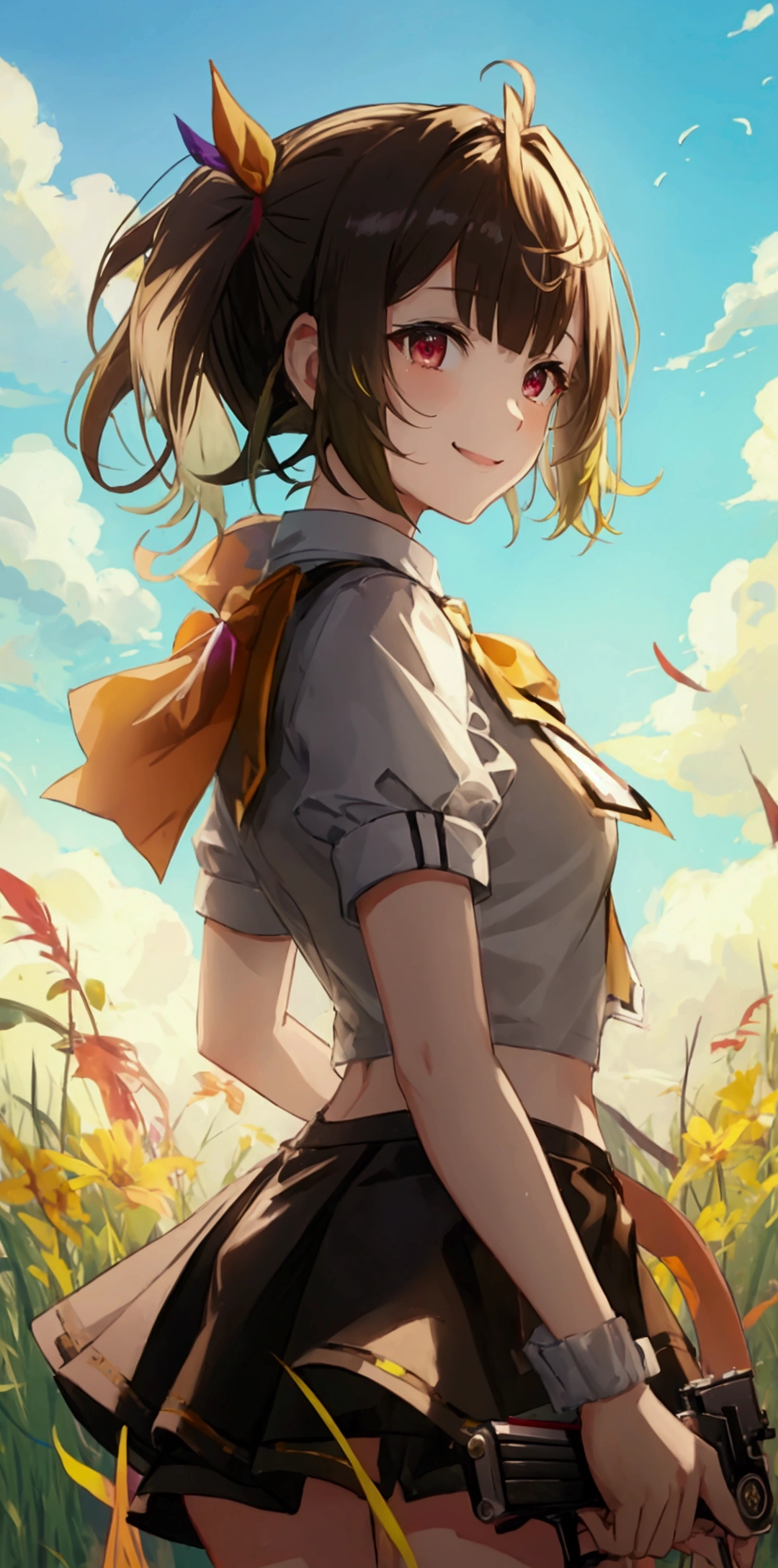 unbeatablemasterpiece,smile,tail wind,handgun,short skirt,ponytail,grassland,