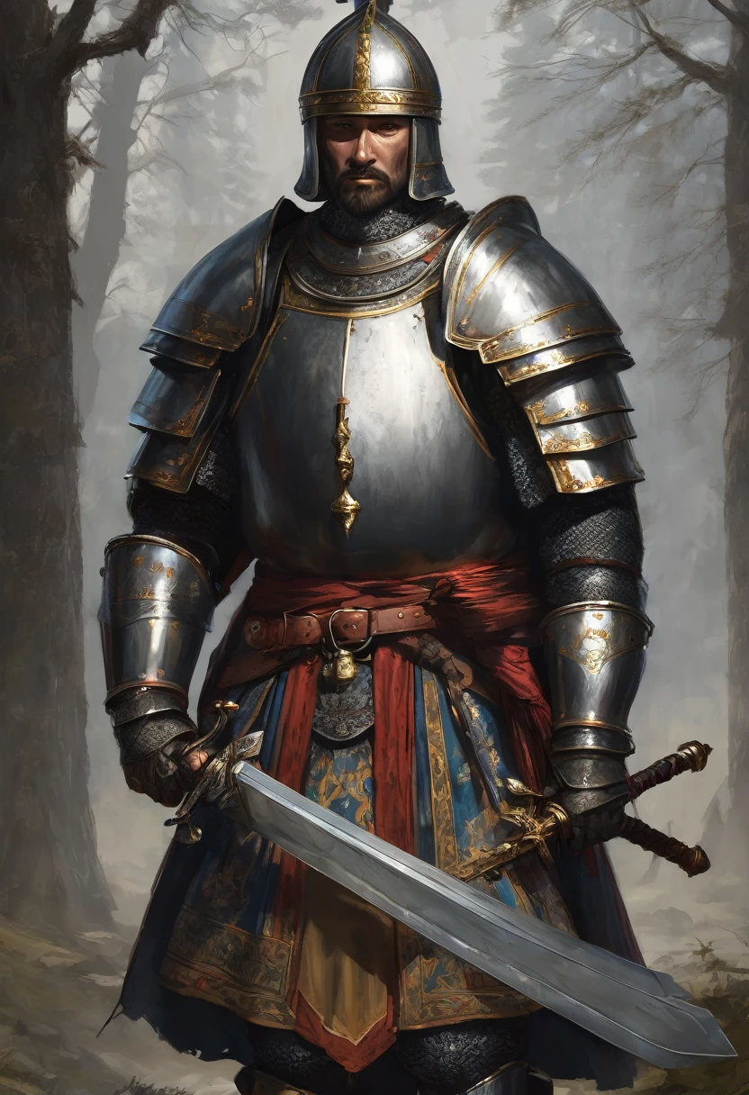 a russian knight with a sword, great king of stovokor, the tarot card of earthly demise, for honor charector concept art, detailed woodcut armor, dnd card art, the emperor tarot card, old - school dark fantasy art, rpg book portrait, inspired by Tuomas Korpi, by Sasha Putrya, templar