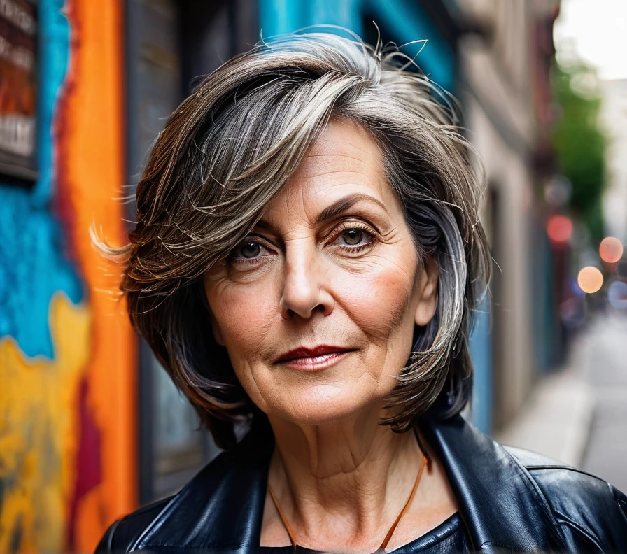 Stylish asymmetrical bob for women over 50, adding an edgy yet refined touch to thick hair.
(a 50 years old woman) (masterpiece), medium and long hair, Beautiful Woman, Beautiful face, Realistic, vibrant, everyday color photography, Messy backgrounds, saturated colors, urban life, street portraits, hidden details, Ephemeral moments, moments of real life, HD Quality.