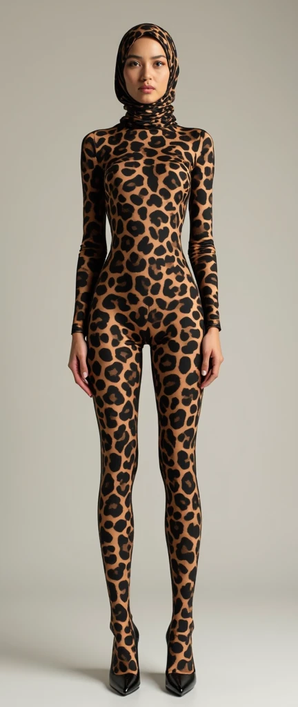 A thinest and beautiful muslimah woman wears clouded leopard print lycra turtleneck unitard catsuit covered with patterns.She always wear clouded leopard print seamless lycra hijab