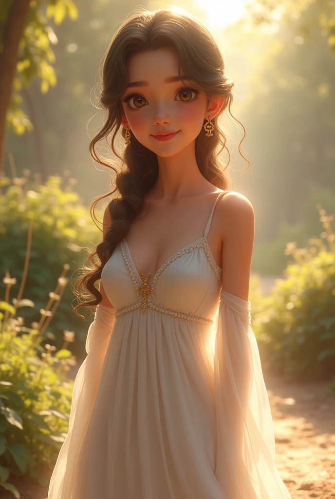 King's niece Smiling in the soft sunlight Big Eyes Nice body White open-necked dress
