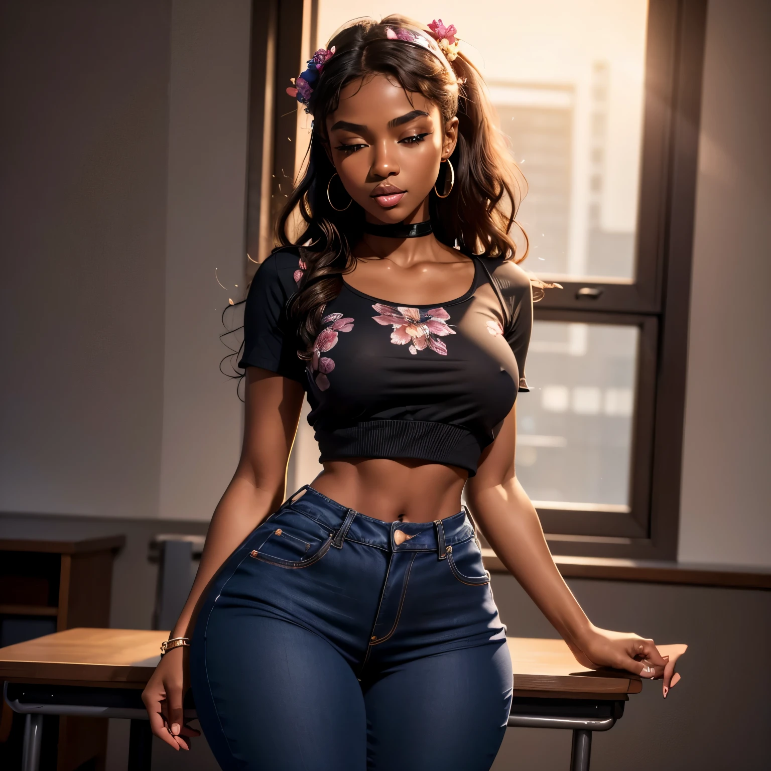 Masterpiece, high quality, 18 years old, high resolution, volumetric lighting, subsurface scattering, 8k, Beautiful woman, (dark skin), phillipino, college student, uniform, (floral top, jeans) wavy hair, headband, hoope earings, classroom, sexy pose, seductive pose, ((slim thick body:1.2)), thick thighs, round-butt, open mouth, big lips, screaming, orgasm, night time, eyes closed, Masterpiece, Professional lighting, 16k, 8k wallpaper, raw photo, photorealistic:1.8, ultra detailed, natural lighting