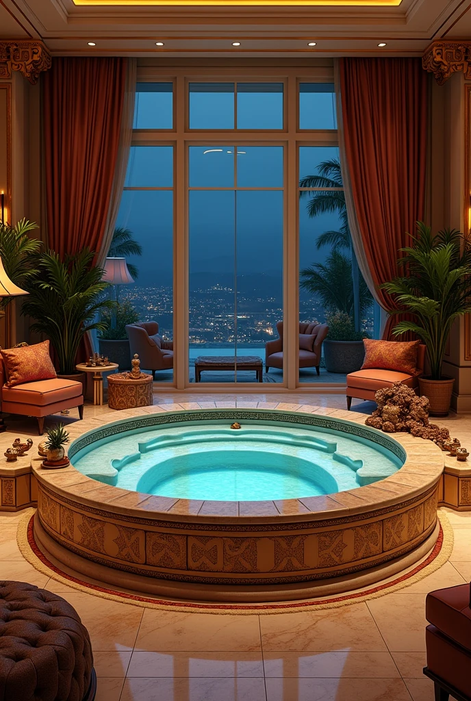 Make me a very large, luxurious and extravagant jacuzzi in the style of the 1990s. Give me details so I know that we are in that era. It is in a mansion. Give me the windows. It is nighttime.