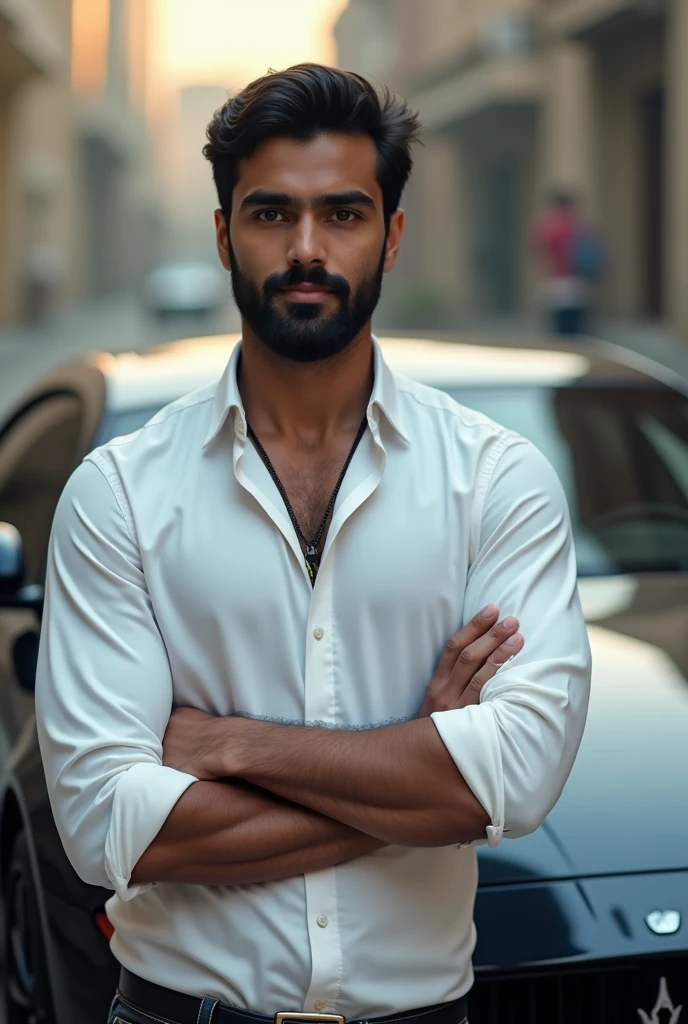 A 23 years old Indian boy, wearing a white shirt, having thick beard on the face and having an innocent but muscular body, standing with a maserati car make a real image as much as possible 