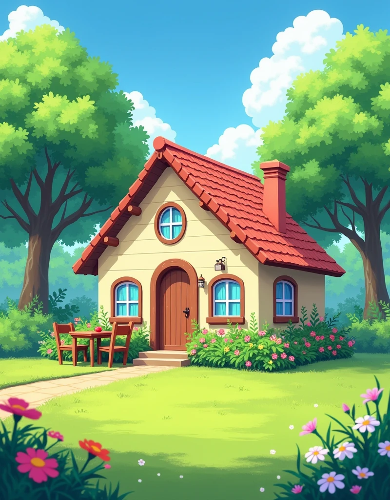 A cozy house is nestled in a lush, vibrant garden, filled with colorful flowers and green trees. The house has a warm and welcoming vibe, with soft, curved lines and gentle colors typical of a low-fi cartoon style. In front of the house, there’s a wide, open lawn with a simple table and chairs set up for relaxing. The overall atmosphere is peaceful and serene, with the greenery and flowers adding life and charm to the scene, while the cartoonish design gives it a lighthearted, whimsical feel. Anime Japanese 4:6