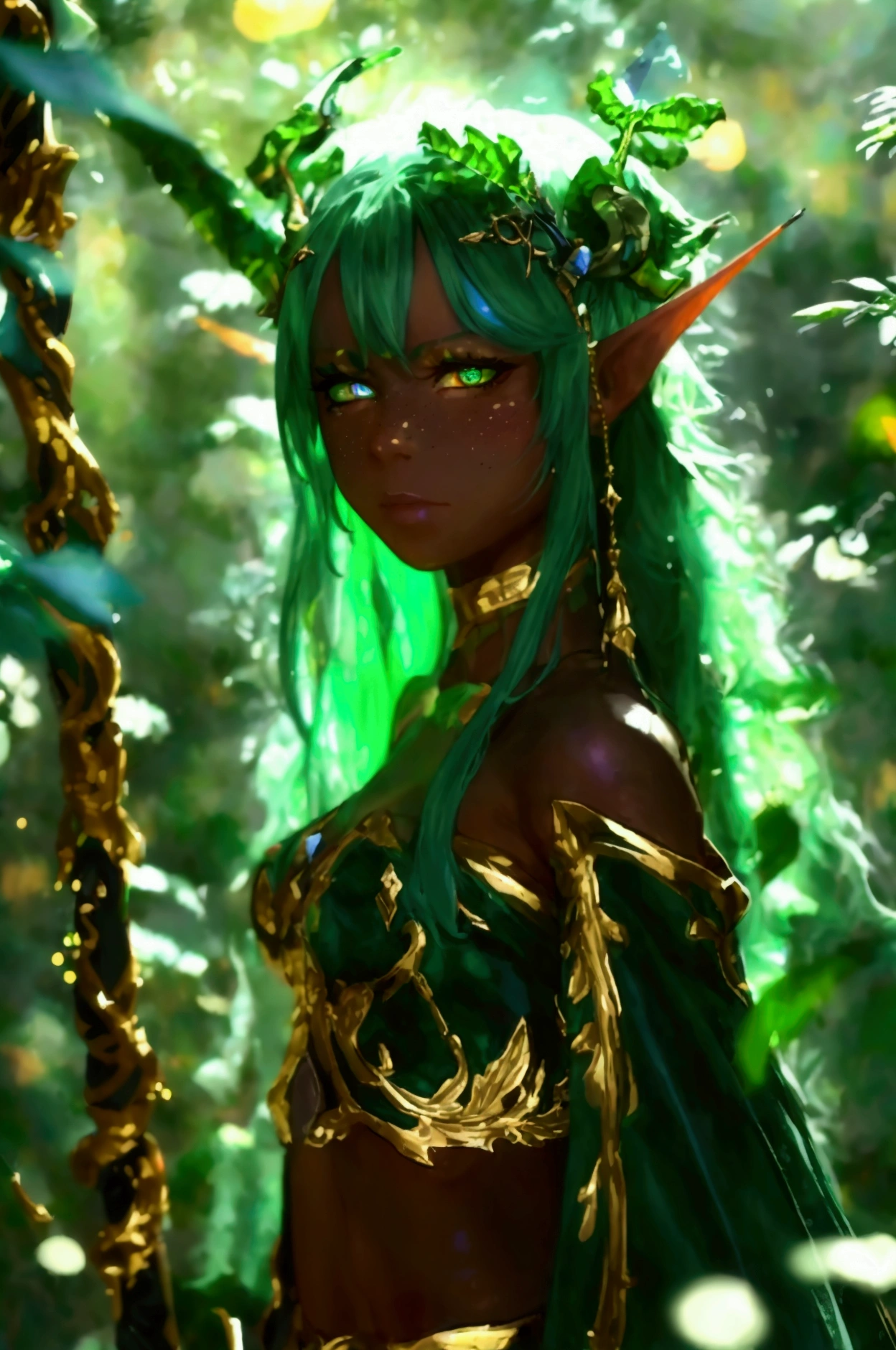 prismatic coloration, holographic environment, young girl, black skin, Beautiful, elven ears, Serious expression, ponytails, leaf green hair, Heterochromia with deep green & Gold eyes, C-cup, lithe, fit, Modest-attire, full-body, slender legs, beautiful eyes, freckles, leaf green eyebrows, Cute butt, (long straight prismatic Demon horns:1.2), wielding magic wand, Battle stance, grassy aura, mystic black-Green cloak with Golden Floral designs