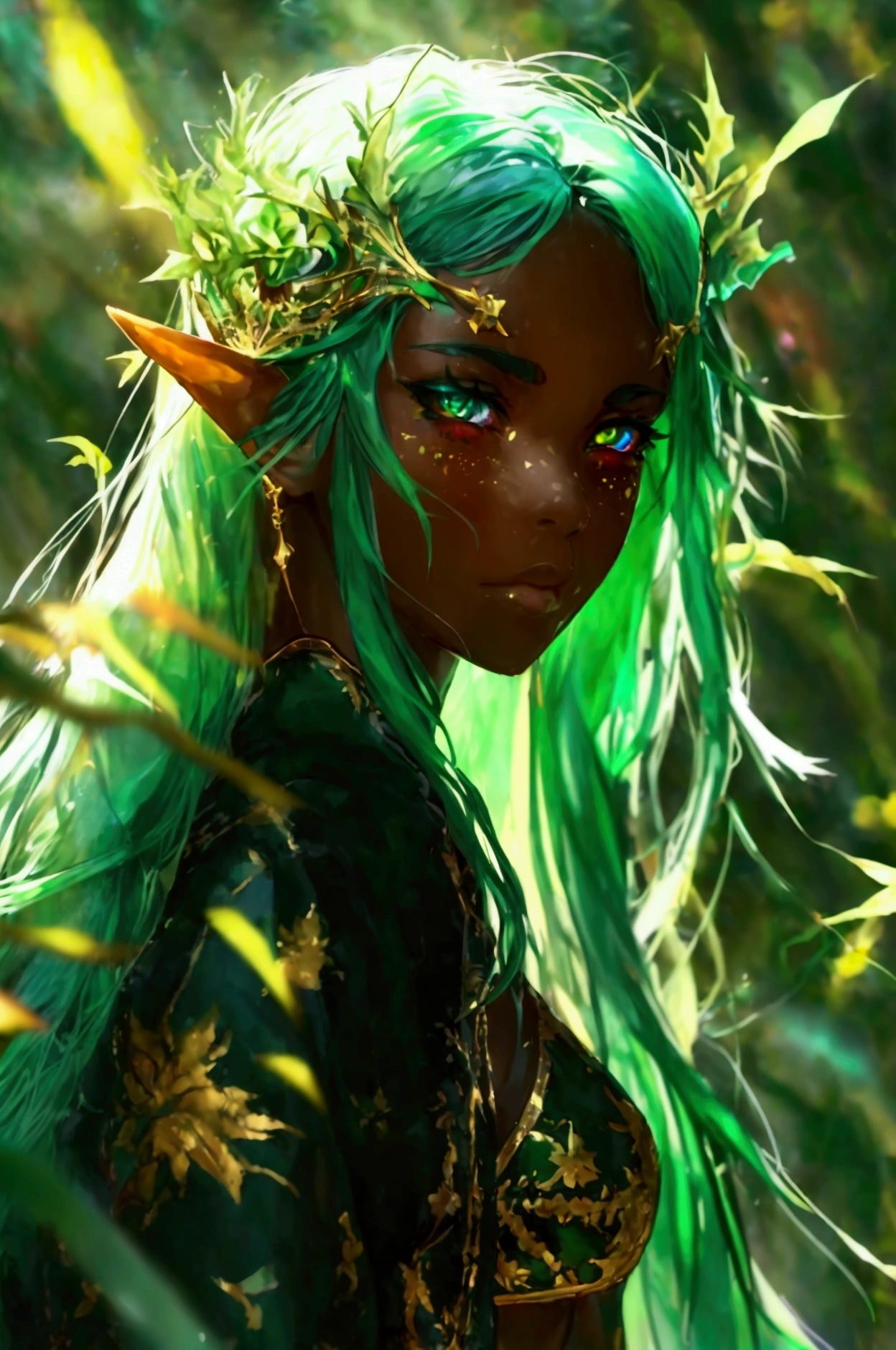 prismatic coloration, holographic environment, young girl, black skin, Beautiful, elven ears, Serious expression, ponytails, leaf green hair, Heterochromia with deep green & Gold eyes, C-cup, lithe, fit, Modest-attire, full-body, slender legs, beautiful eyes, freckles, leaf green eyebrows, Cute butt, (long straight prismatic Demon horns:1.2), wielding magic wand, Battle stance, grassy aura, mystic black-Green cloak with Golden Floral designs