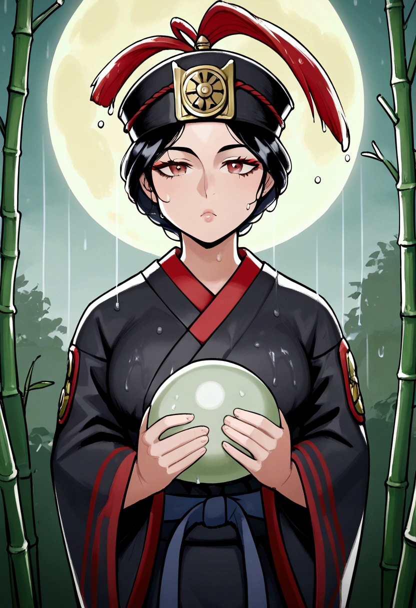 (Best Quality,ultra detailed),dark,wet,artificial raindrops falling,ancient japanese warrior standing in the rain,japanese traditional bamboo hat(fail),dense forest landscape,majestic and serene nature,full moon shining brightly in the night sky,black kimono with fluorescent red stripes that glow in the moonlight,samurai sword sharpened and drawn(katana),