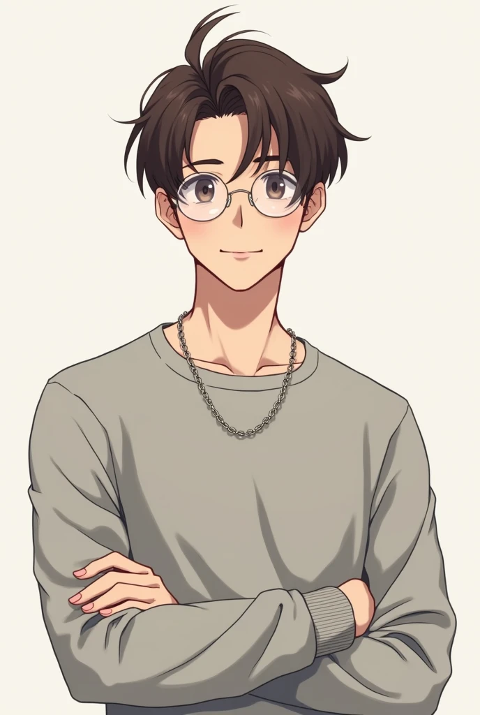 je veux un ado de qui souris et qui fait un petit viril un peu muscler avec avec les cheveux hyper court qui a les cheveux brun et des lunettes de vue transparente ronde avec un pull gris et une chaine dans le style manga ( c'est pour une photo de profil )