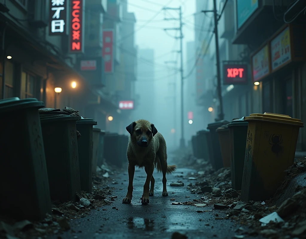 Horror, Dark, Atmospheric, a small street in a dark city, a dog, turns over trash cans, rummaging through the trash, very foggy, 4k, realistic, detailed, cyberpunk