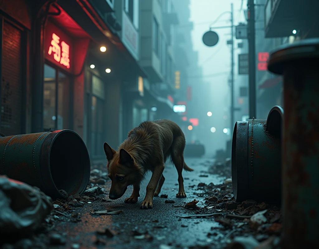 Horror, Dark, Atmospheric, a small street in a dark city, a dog, turns over trash cans, rummaging through the trash, very foggy, 4k, realistic, detailed, cyberpunk